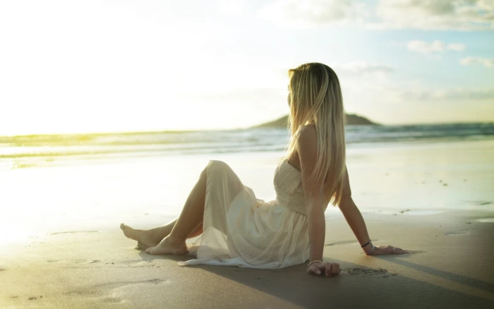 women blonde beach dress white long hair sea sitting 2k