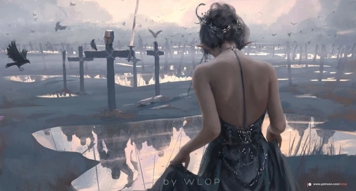 women's black dress WLOP Ghost Blade fantasy art original characters 2k