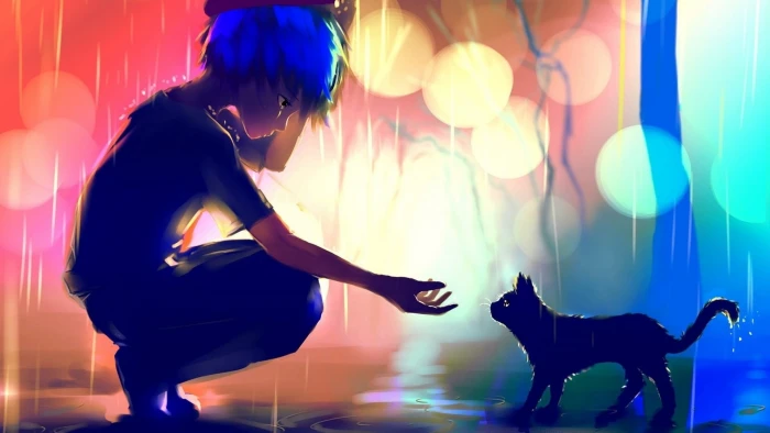 anime boy cat raining scenic sad loneliness 2k