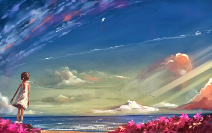 anime girls sea flowers beach sky clouds water nature 2k