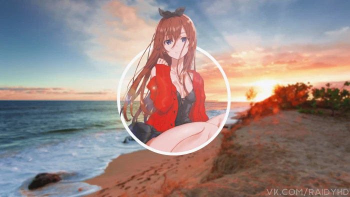 anime girls picture in beach sunset sky 2k