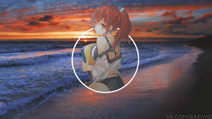 anime girls picture in beach water sea sunset 2k
