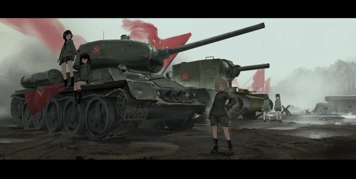 anime girls Girls und Panzer tank T 34 85 KV 2 military 2k
