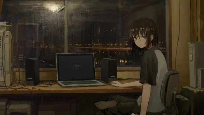 anime girls room laptop brunette looking at viewer 2k