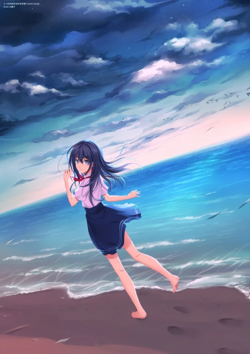 anime girls sea beach water skirt feet legs clouds 2k
