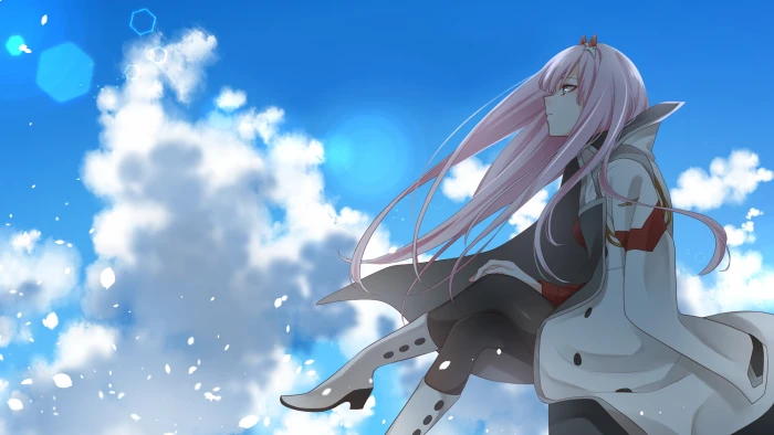 anime girls Zero Two Darling in the FranXX sky low angle view 2k