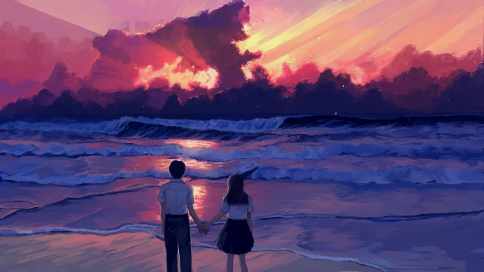 anime illustration landscape sea sunset painting digital art 2k