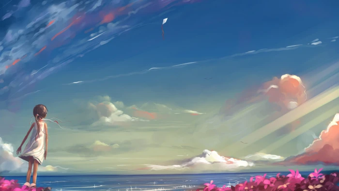 anime sea sky beach water landscape ocean sunset clouds 2k