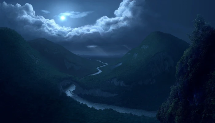 art clouds digital forest landscapes moon mountains nature 2k