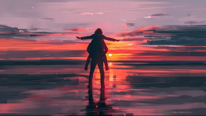 artwork landscape women sunset river painting illustration 2k