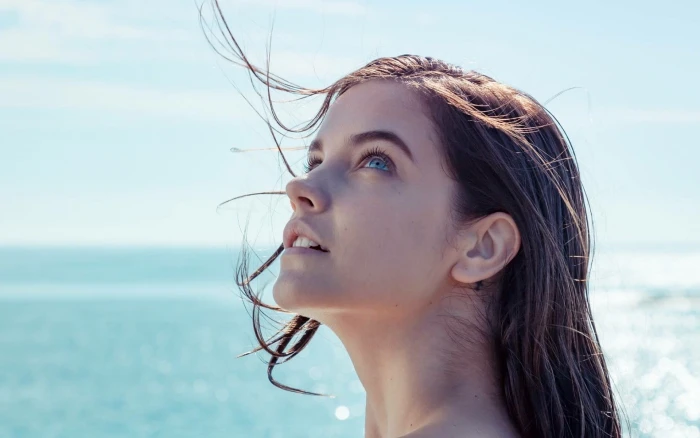 Barbara Palvin women model brunette blue eyes face looking up 2k