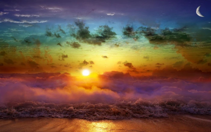 Beach Rainbow Art blue and pink sky sunset nature 2k
