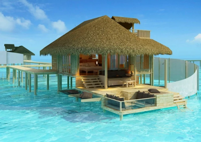 beige wooden beach house Maldives resort sea Madives Paradise