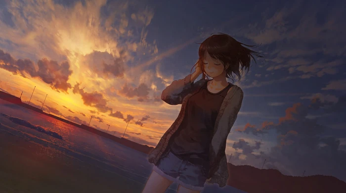 beach sunset anime girls sunlight sky outdoors 2k
