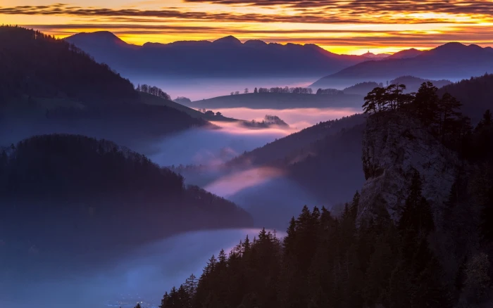 Beautiful nature scenery mountains red sky fog sunset 2k