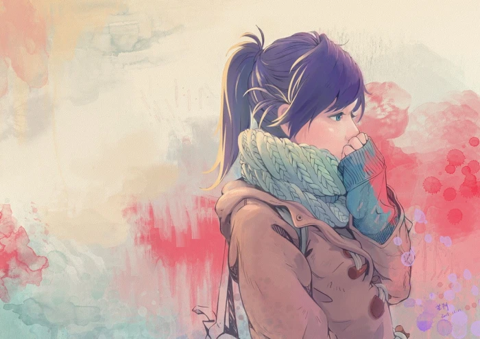 black haired girl anime character digital wallpaper female wearing brown coat illustration