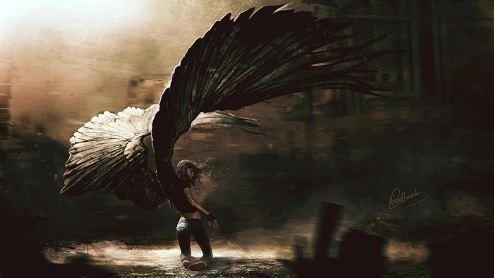 black angel wallpaper woman with wings painting digital art 2k