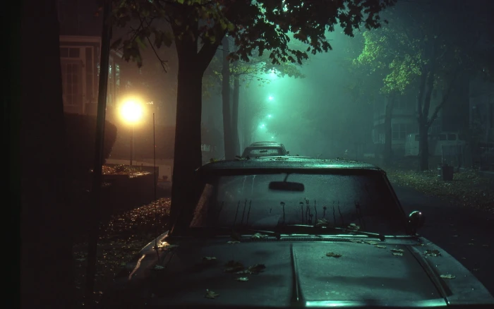 black car street night light dark lights mist mode of transportation 2k