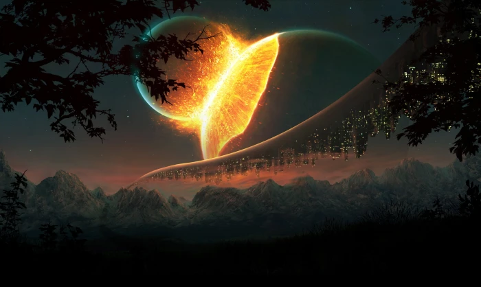 black tree two planets photo science fiction landscape space 2k
