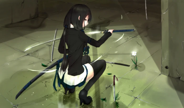 black haired female anime character holding sword illustration 2k