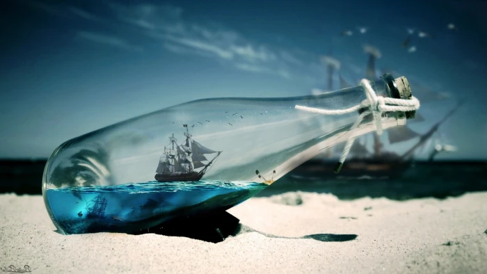 blue ocean sand sea bottles ships artwork Nature Oceans HD Art 2k