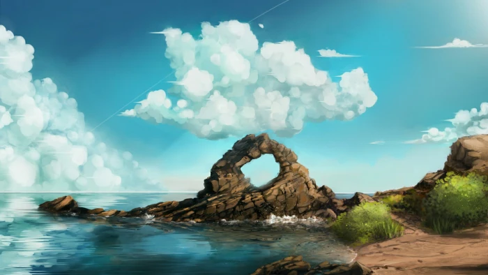 brown rock formation on shore artwork painting nature sea beach 2k