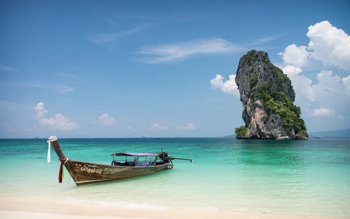 brown wooden boat nature landscape rock island sea sand 2k