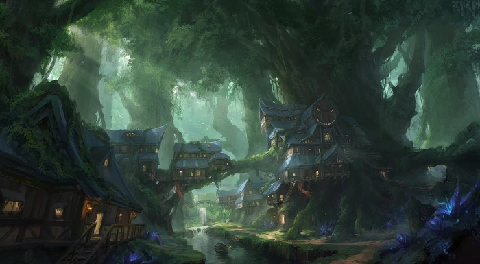 brown and blue houses illustration tree house forest digital art 2k