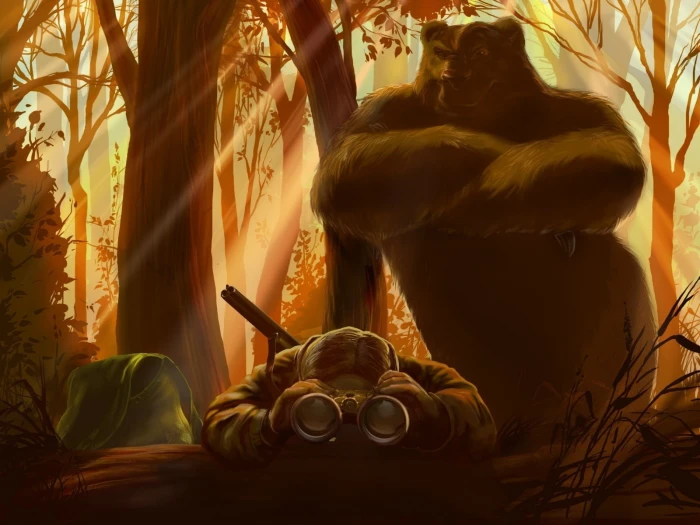 brown bear facing man using binoculars illustration humor dark 2k