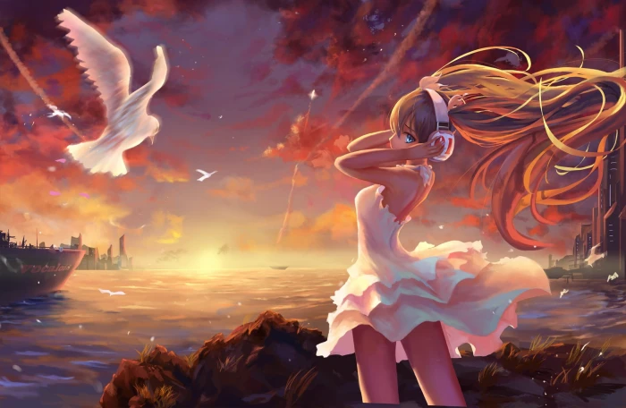 brown haired female anime character girls landscape painting 2k