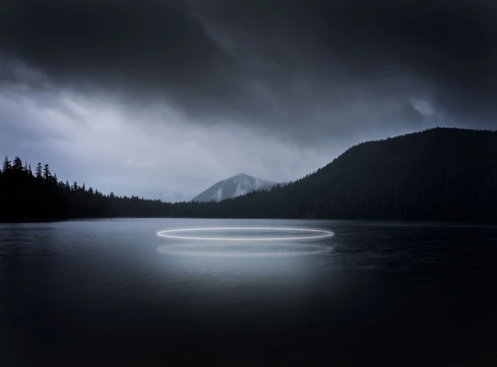 Circle of Light Lake Mountains Gloomy Weather Aero Creative 2k