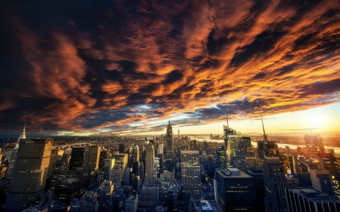 city sky scrapers New York City under cloudy nature landscape