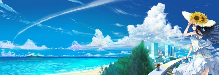 anime girls original characters sky water blue sea 2k