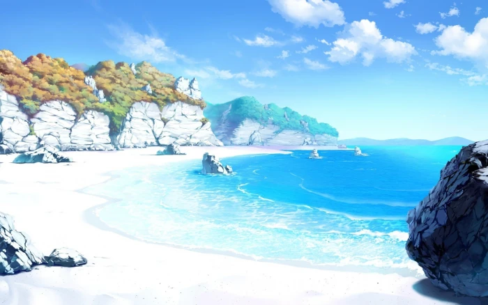 anime artwork beach clouds drawing landscape rock sand 2k