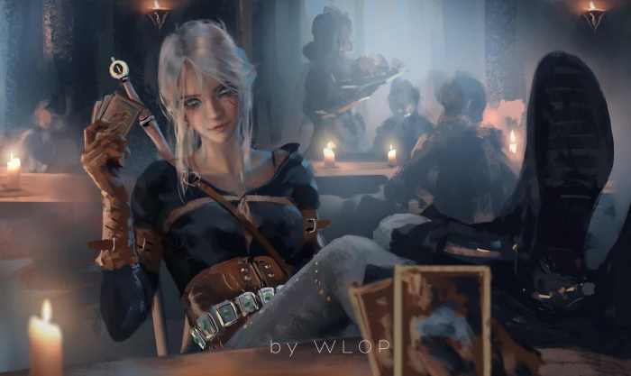 fantasy girl warrior sword WLOP white hair The Witcher 3 Wild Hunt 2k