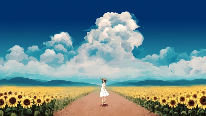 female anime character wallpaper girls dress sunflowers 2k