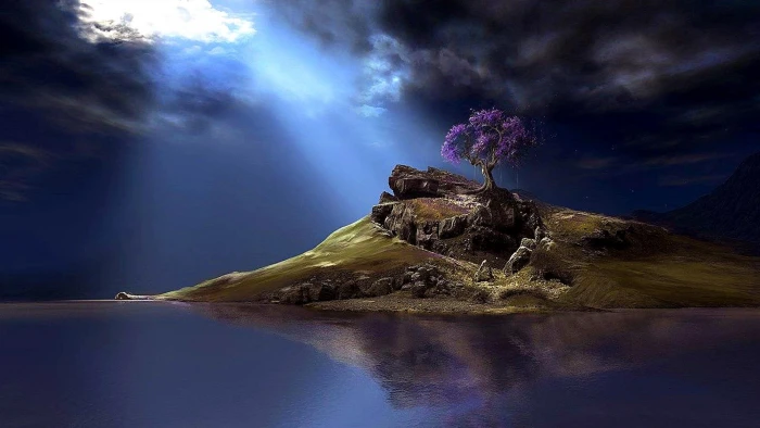 dreamy moonlit rock sea cloud lone tree lake landscape 2k
