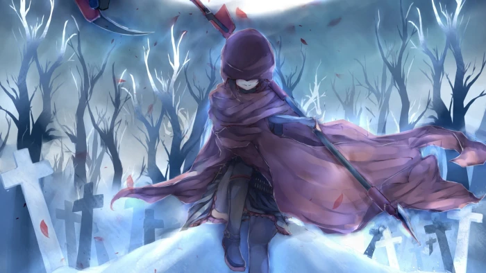 female animation character RWBY cemetery scythe night Ruby Rose 2k