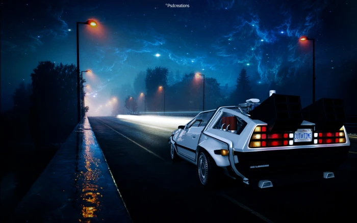 silver DMC Delorean illustration Back to the Future street 2k
