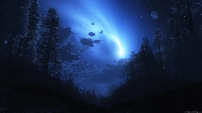 pine trees landscape anime digital art forest stars starry night 2k