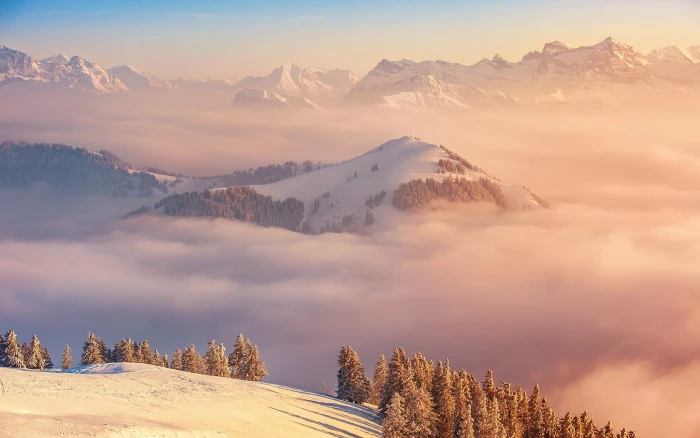 snow covered mountain nature landscape mountains mist forest 2k