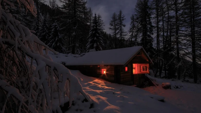 snow winter nature sky tree twilight log cabin night 2k