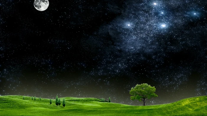 astronomical object night sky rolling hill field grass 2k