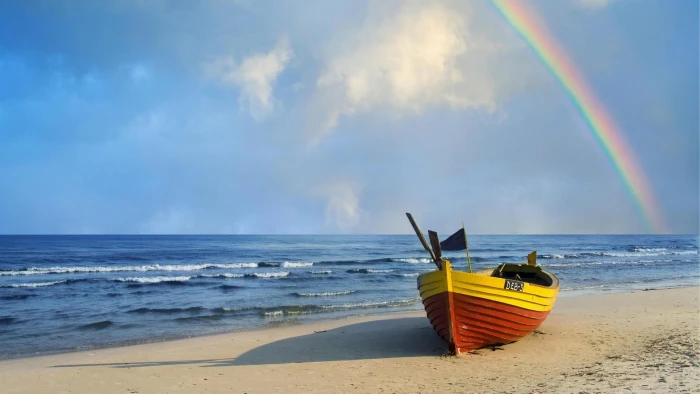 Rainbow Over Row Boat On The Beach nature and landscapes 2k