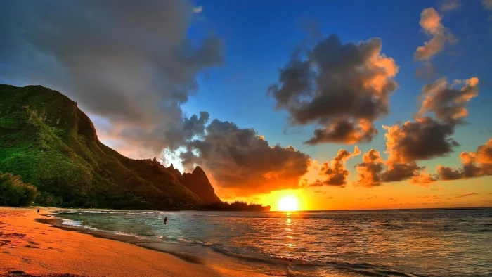 sunrise ocean beach coast shore clouds cliff sea sky 2k