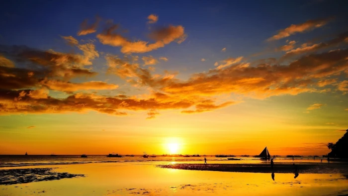 sunset digital wallpaper beach sky clouds sea sunlight water 2k