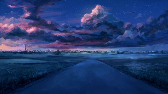 road and clouds digital art cityscape sunset starry night 2k