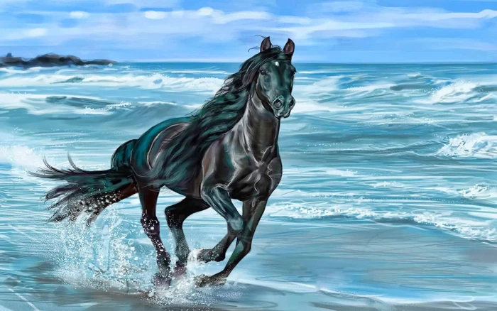 running horse Animals Beach beauty nature Sea wave HD brown and black on seashore illustration 2k