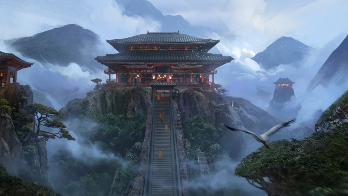 temple fantasy art artwork landscape Japanese Art mountains 2k