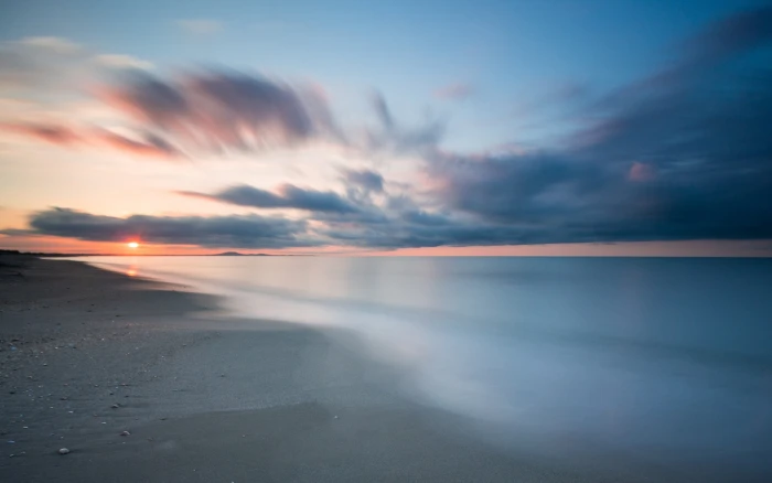 sand sea beach water clouds landscape nature river background 2k